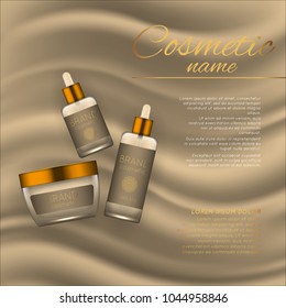 Vector 3D cosmetic illustration on a soft silk background. Beauty realistic cosmetic product design template