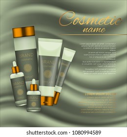 Vector 3D cosmetic illustration on a soft silk background. Beauty realistic cosmetic product design template