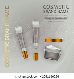 Vector 3D cosmetic illustration on a soft light waves background . Beauty realistic cosmetic product design template