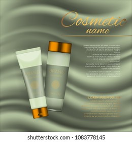 Vector 3D cosmetic illustration on a soft silk background. Beauty realistic cosmetic product design template