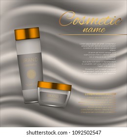 Vector 3D cosmetic illustration on a soft silk background. Beauty realistic cosmetic product design template