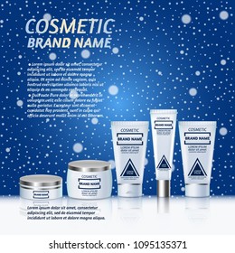 Vector 3D cosmetic illustration on a soft light background with flare effects. Beauty realistic cosmetic product design template.