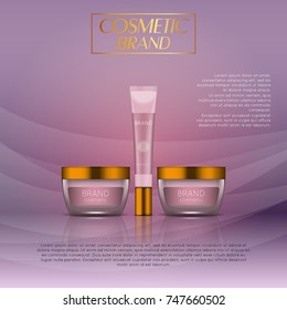 Vector 3D cosmetic illustration on a soft light waves background . Beauty realistic cosmetic product design template