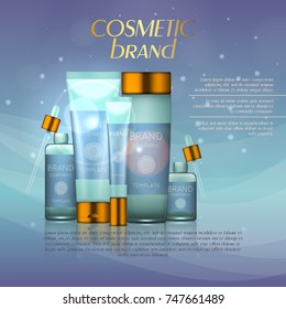 Vector 3D cosmetic illustration on a soft light background with flare effects. Beauty realistic cosmetic product design template