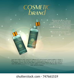 Vector 3D cosmetic illustration on a soft light background with flare effects. Beauty realistic cosmetic product design template