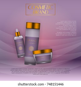 Vector 3D cosmetic illustration on a soft light waves background . Beauty realistic cosmetic product design template
