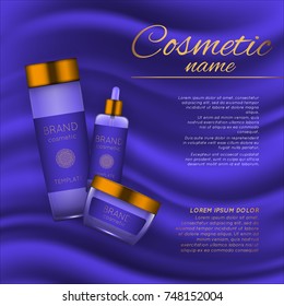 Vector 3D cosmetic illustration on a soft silk background. Beauty realistic cosmetic product design template