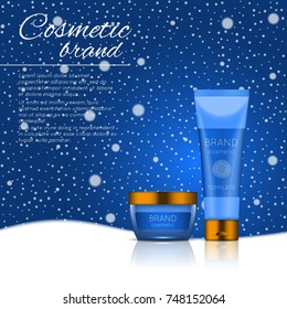 Vector 3D cosmetic illustration on a soft light background with flare effects. Beauty realistic cosmetic product design template.