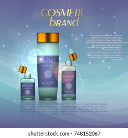 Vector 3D cosmetic illustration on a soft light background with flare effects. Beauty realistic cosmetic product design template