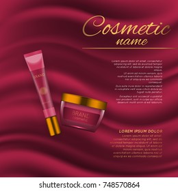 Vector 3D cosmetic illustration on a soft silk background. Beauty realistic cosmetic product design template