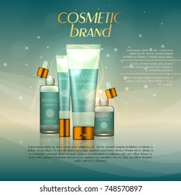 Vector 3D cosmetic illustration on a soft light background with flare effects. Beauty realistic cosmetic product design template