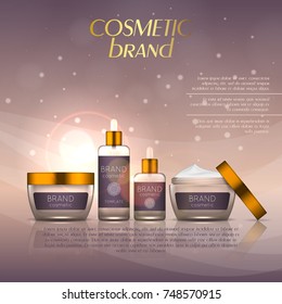Vector 3D cosmetic illustration on a soft light background with flare effects. Beauty realistic cosmetic product design template