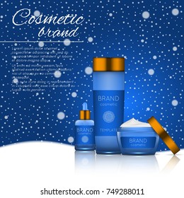Vector 3D cosmetic illustration on a soft light background with flare effects. Beauty realistic cosmetic product design template.