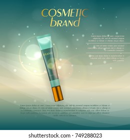 Vector 3D cosmetic illustration on a soft light background with flare effects. Beauty realistic cosmetic product design template