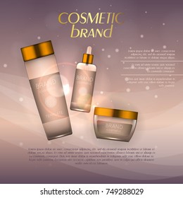 Vector 3D cosmetic illustration on a soft light background with flare effects. Beauty realistic cosmetic product design template