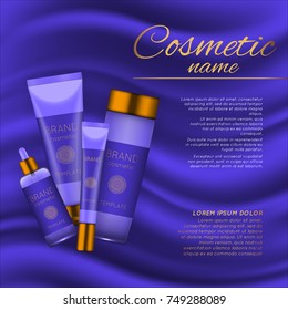 Vector 3D cosmetic illustration on a soft silk background. Beauty realistic cosmetic product design template