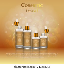 Vector 3D cosmetic illustration on a soft light blurred background with bokeh. Beauty realistic cosmetic product design template