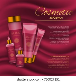 Vector 3D cosmetic illustration on a soft silk background. Beauty realistic cosmetic product design template