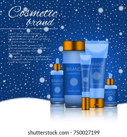 Vector 3D cosmetic illustration on a soft light background with flare effects. Beauty realistic cosmetic product design template.