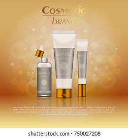 Vector 3D cosmetic illustration on a soft light blurred background with bokeh. Beauty realistic cosmetic product design template