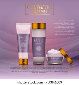 Vector 3D cosmetic illustration on a soft light waves background . Beauty realistic cosmetic product design template