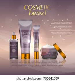 Vector 3D cosmetic illustration on a soft light background with flare effects. Beauty realistic cosmetic product design template