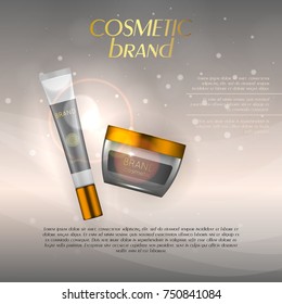 Vector 3D cosmetic illustration on a soft light background with flare effects. Beauty realistic cosmetic product design template