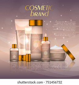 Vector 3D cosmetic illustration on a soft light background with flare effects. Beauty realistic cosmetic product design template