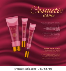 Vector 3D cosmetic illustration on a soft silk background. Beauty realistic cosmetic product design template