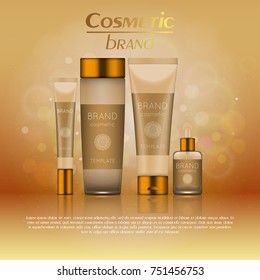 Vector 3D cosmetic illustration on a soft light blurred background with bokeh. Beauty realistic cosmetic product design template