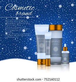 Vector 3D cosmetic illustration on a soft light background with flare effects. Beauty realistic cosmetic product design template.