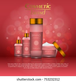 Vector 3D cosmetic illustration on a soft light blurred background with bokeh. Beauty realistic cosmetic product design template