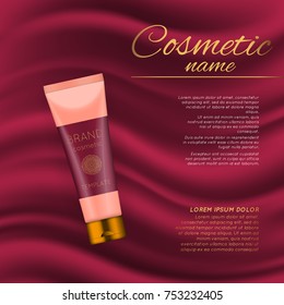 Vector 3D cosmetic illustration on a soft silk background. Beauty realistic cosmetic product design template