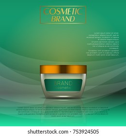 Vector 3D cosmetic illustration on a soft light waves background . Beauty realistic cosmetic product design template