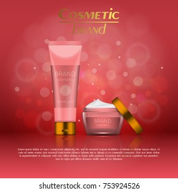 Vector 3D cosmetic illustration on a soft light blurred background with bokeh. Beauty realistic cosmetic product design template