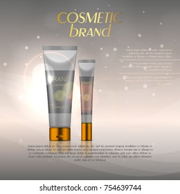 Vector 3D cosmetic illustration on a soft light background with flare effects. Beauty realistic cosmetic product design template