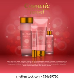 Vector 3D cosmetic illustration on a soft light blurred background with bokeh. Beauty realistic cosmetic product design template