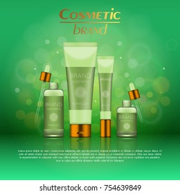 Vector 3D cosmetic illustration on a soft light blurred background with bokeh. Beauty realistic cosmetic product design template