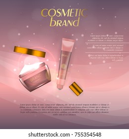 Vector 3D cosmetic illustration on a soft light background with flare effects. Beauty realistic cosmetic product design template