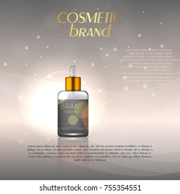 Vector 3D cosmetic illustration on a soft light background with flare effects. Beauty realistic cosmetic product design template