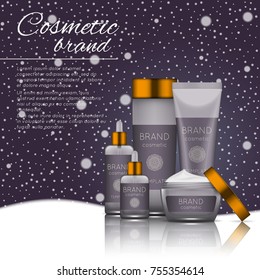 Vector 3D cosmetic illustration on a soft light background with flare effects. Beauty realistic cosmetic product design template.