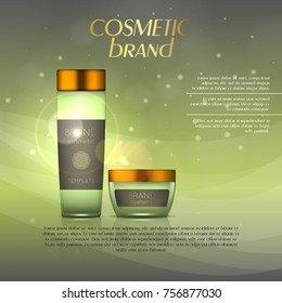 Vector 3D cosmetic illustration on a soft light background with flare effects. Beauty realistic cosmetic product design template