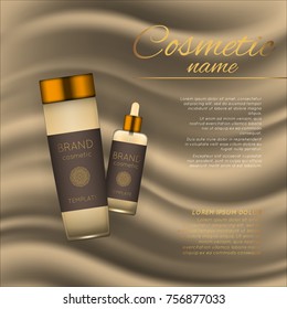Vector 3D cosmetic illustration on a soft silk background. Beauty realistic cosmetic product design template