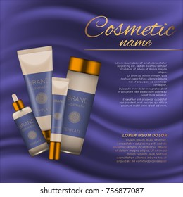 Vector 3D cosmetic illustration on a soft silk background. Beauty realistic cosmetic product design template