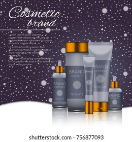Vector 3D cosmetic illustration on a soft light background with flare effects. Beauty realistic cosmetic product design template.