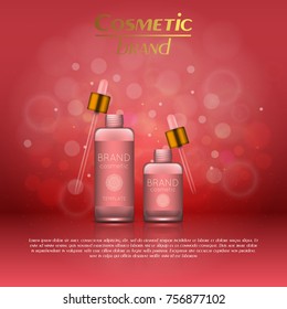 Vector 3D cosmetic illustration on a soft light blurred background with bokeh. Beauty realistic cosmetic product design template
