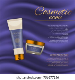 Vector 3D cosmetic illustration on a soft silk background. Beauty realistic cosmetic product design template