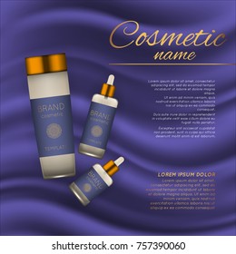 Vector 3D cosmetic illustration on a soft silk background. Beauty realistic cosmetic product design template