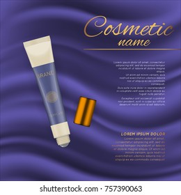 Vector 3D cosmetic illustration on a soft silk background. Beauty realistic cosmetic product design template