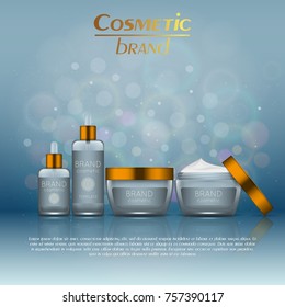 Vector 3D cosmetic illustration on a soft light blurred background with bokeh. Beauty realistic cosmetic product design template
